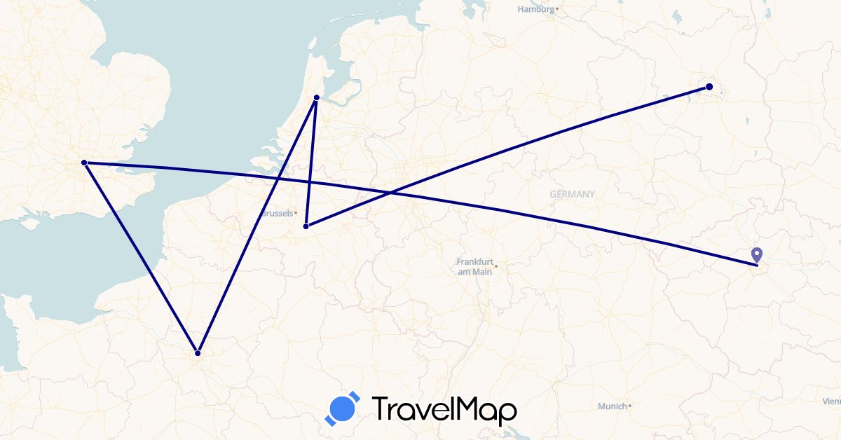 TravelMap itinerary: driving in Belgium, Czech Republic, Germany, France, United Kingdom, Netherlands (Europe)